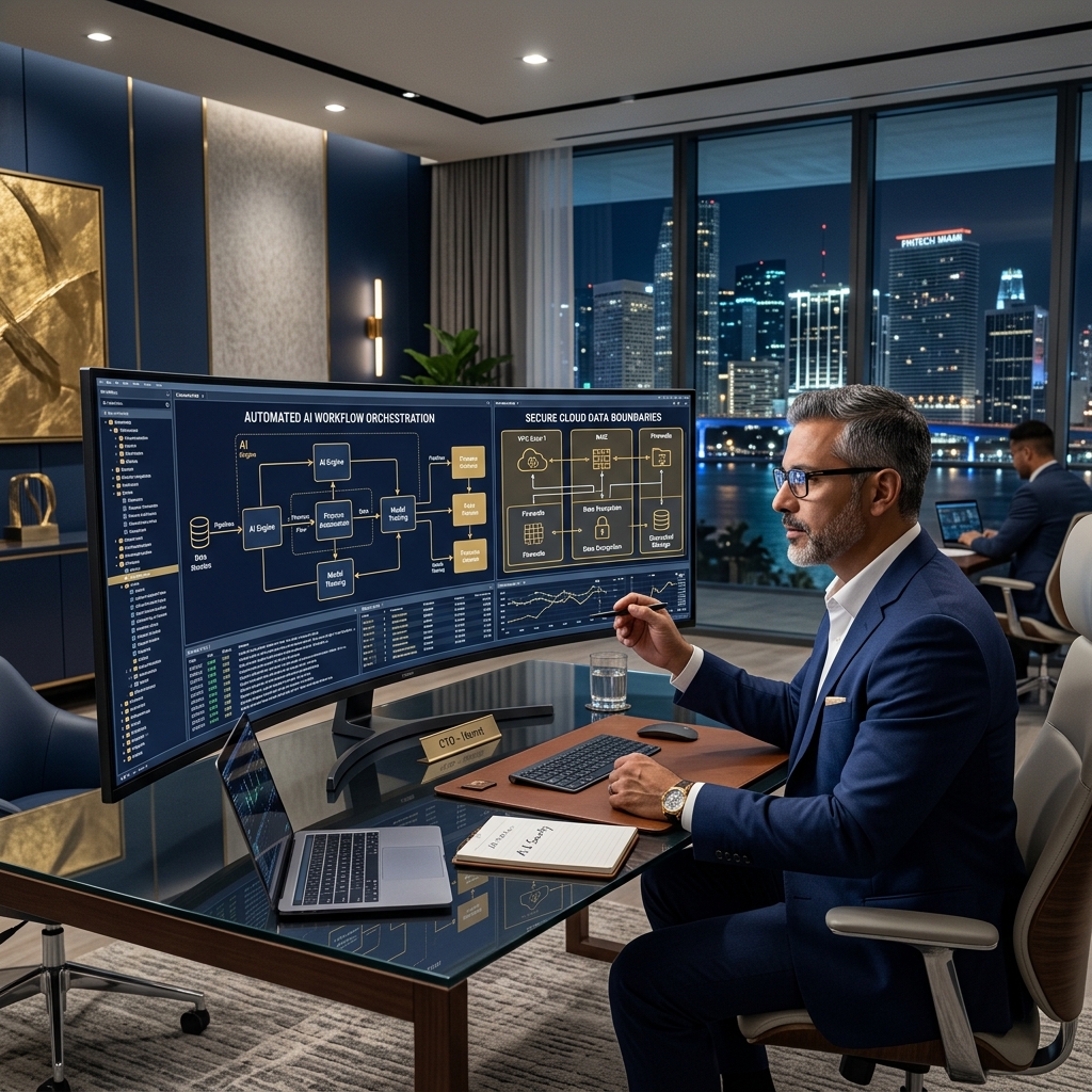 CTO analyzing AI workflow orchestrations on curved display in Miami office