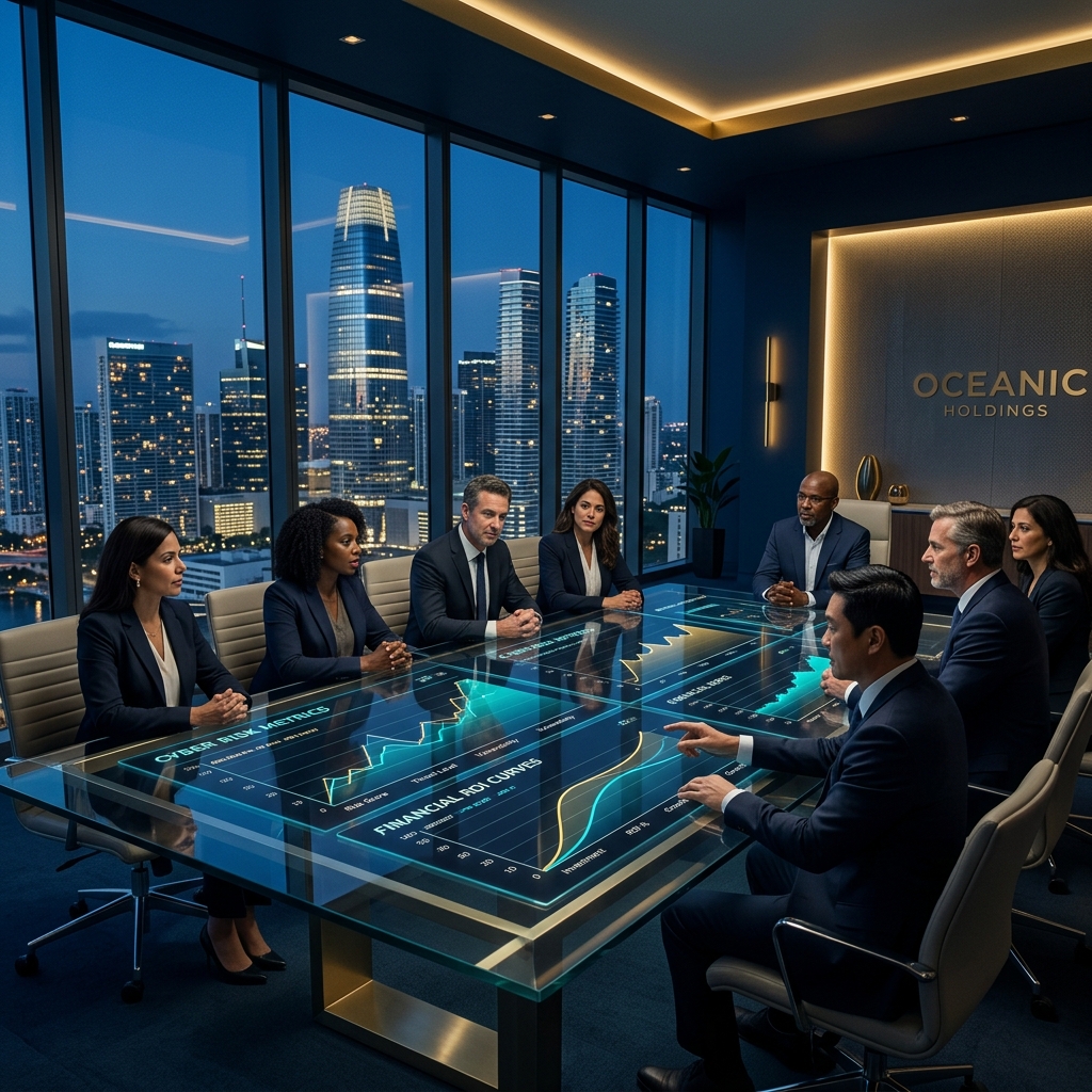 Executive leadership team reviewing cyber risk metrics in a modern boardroom