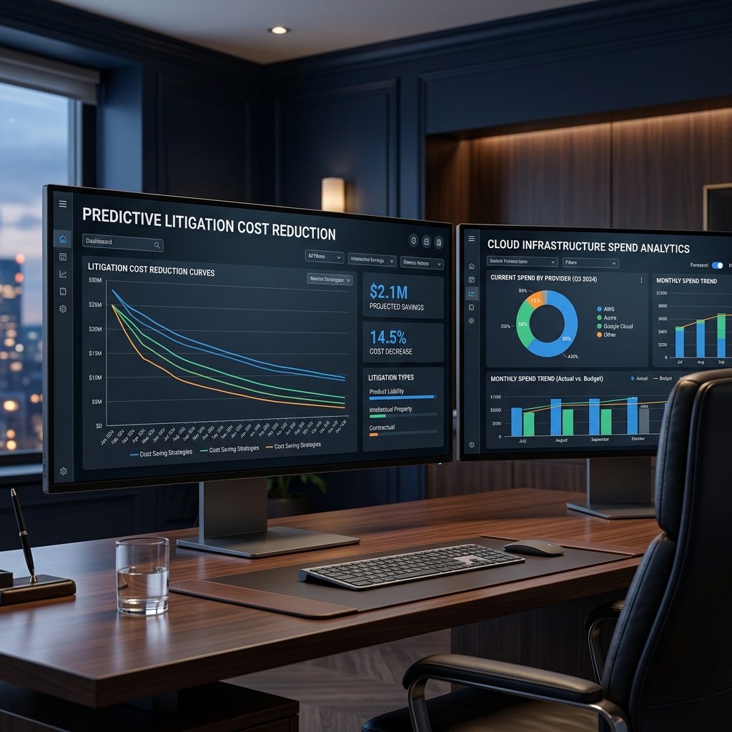 Executive finance analytics dashboard with predictive litigation cost curves